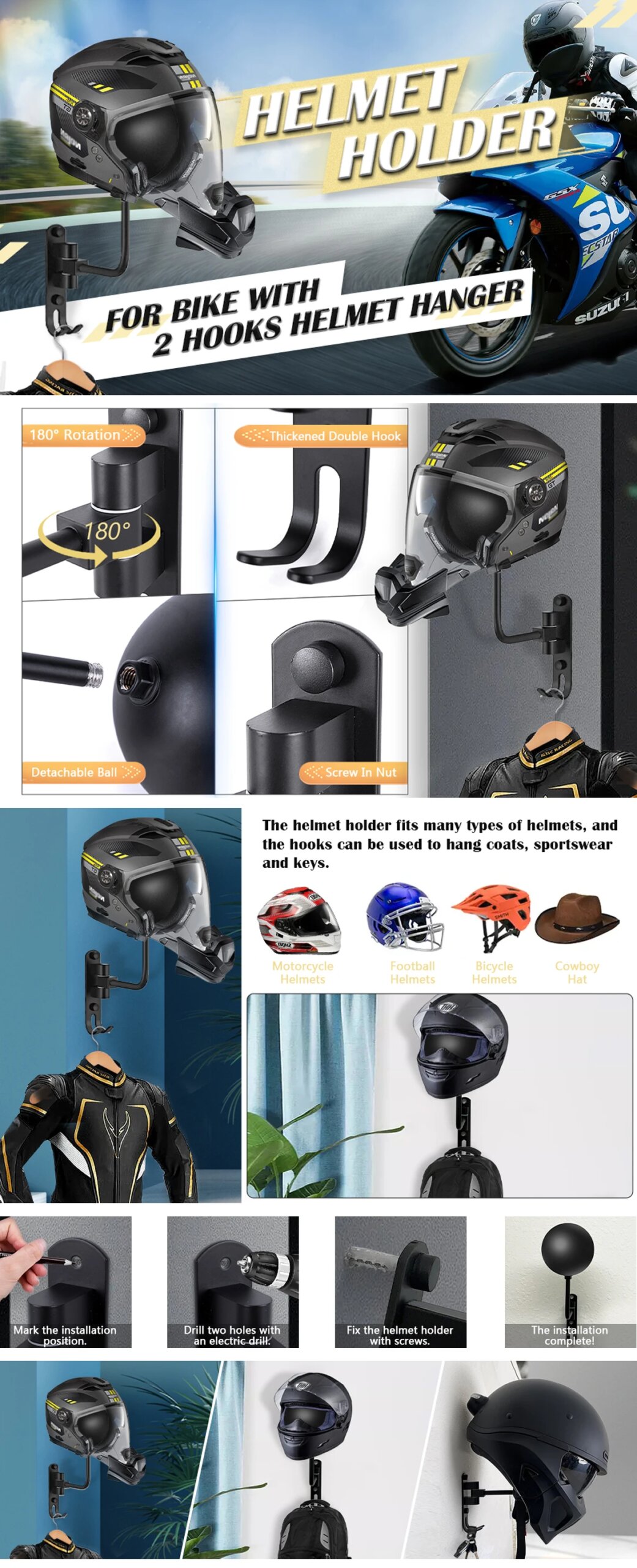 Motorcycle Helmet Holder Wall Mount 180°Rotation Football Bicycle Helmet Rack With 2 Hooks Helmet Display Hanger Stand for Caps