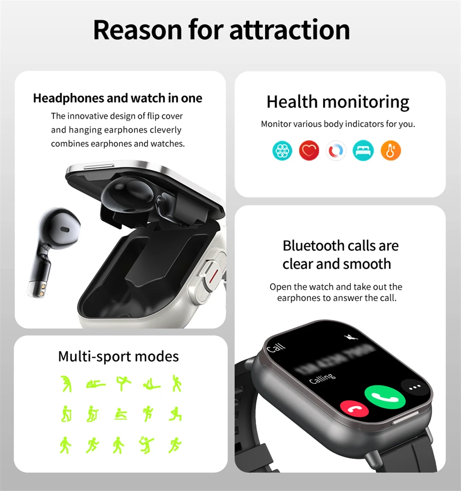 Smart Watch 2 in 1 With Earphone Smartwatch Bluetooth Call Men Watch GPS Track Heart Rate Monitor Play Music SmartWatch