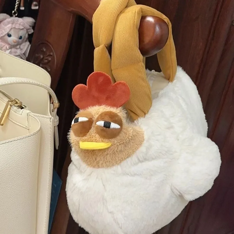 Fur Chicken Plush Bag Ugly Hen Shape Handbag Funny Kawaii Chicken Pendant Keychain Doll Satchel Purse for Women Birthday Gifts