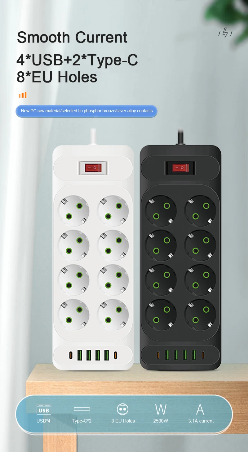 EU Plug AC Outlet Multitap Power Strip 2m Extension Cord Electrical Socket Smart USB Home Office Surge Protector Network Filter