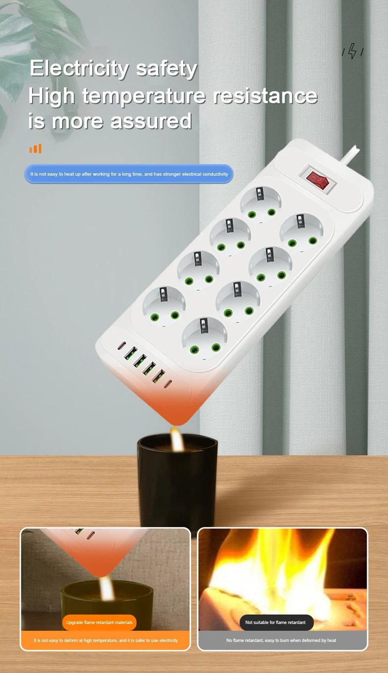 EU Plug AC Outlet Multitap Power Strip 2m Extension Cord Electrical Socket Smart USB Home Office Surge Protector Network Filter