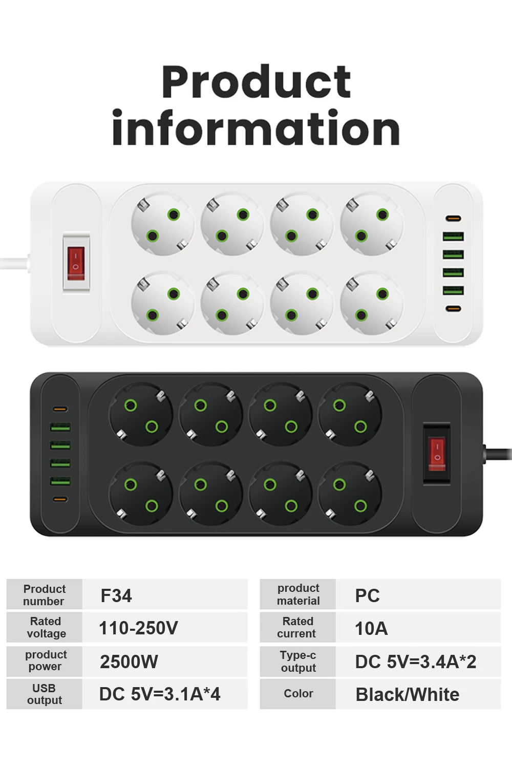 EU Plug AC Outlet Multitap Power Strip 2m Extension Cord Electrical Socket Smart USB Home Office Surge Protector Network Filter