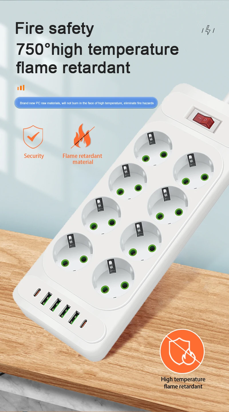 EU Plug AC Outlet Multitap Power Strip 2m Extension Cord Electrical Socket Smart USB Home Office Surge Protector Network Filter
