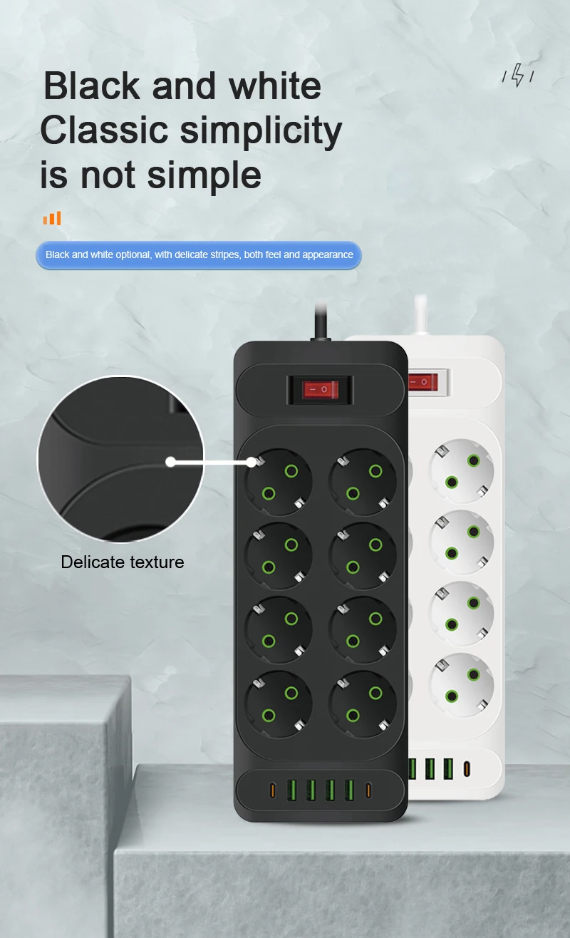 EU Plug AC Outlet Multitap Power Strip 2m Extension Cord Electrical Socket Smart USB Home Office Surge Protector Network Filter