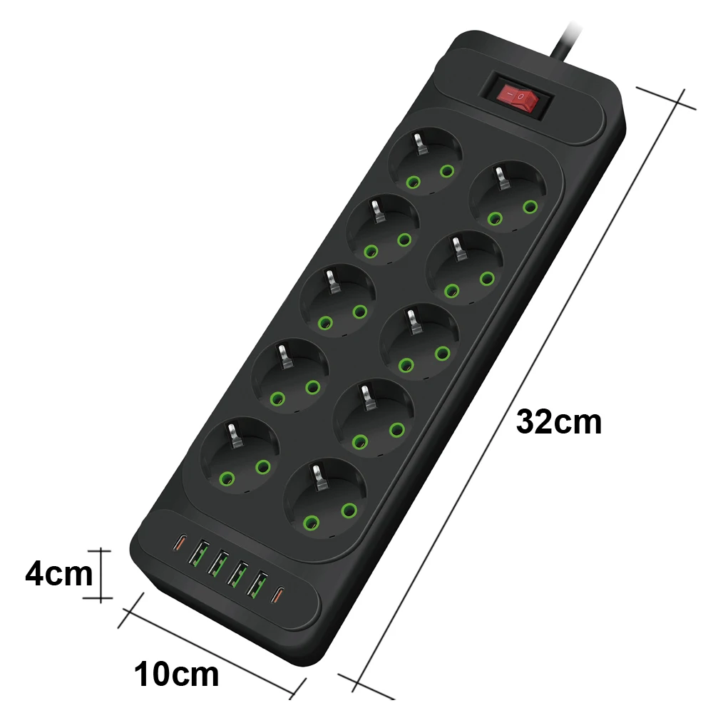 EU Plug AC Outlet Multitap Power Strip 2m Extension Cord Electrical Socket Smart USB Home Office Surge Protector Network Filter