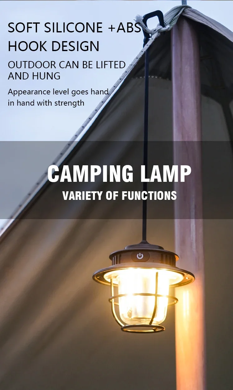 Retro Portable Camping Lantern Waterproof Emergency Light Stepless Dimmable Hanging Tent Lamp for Outdoor Hiking