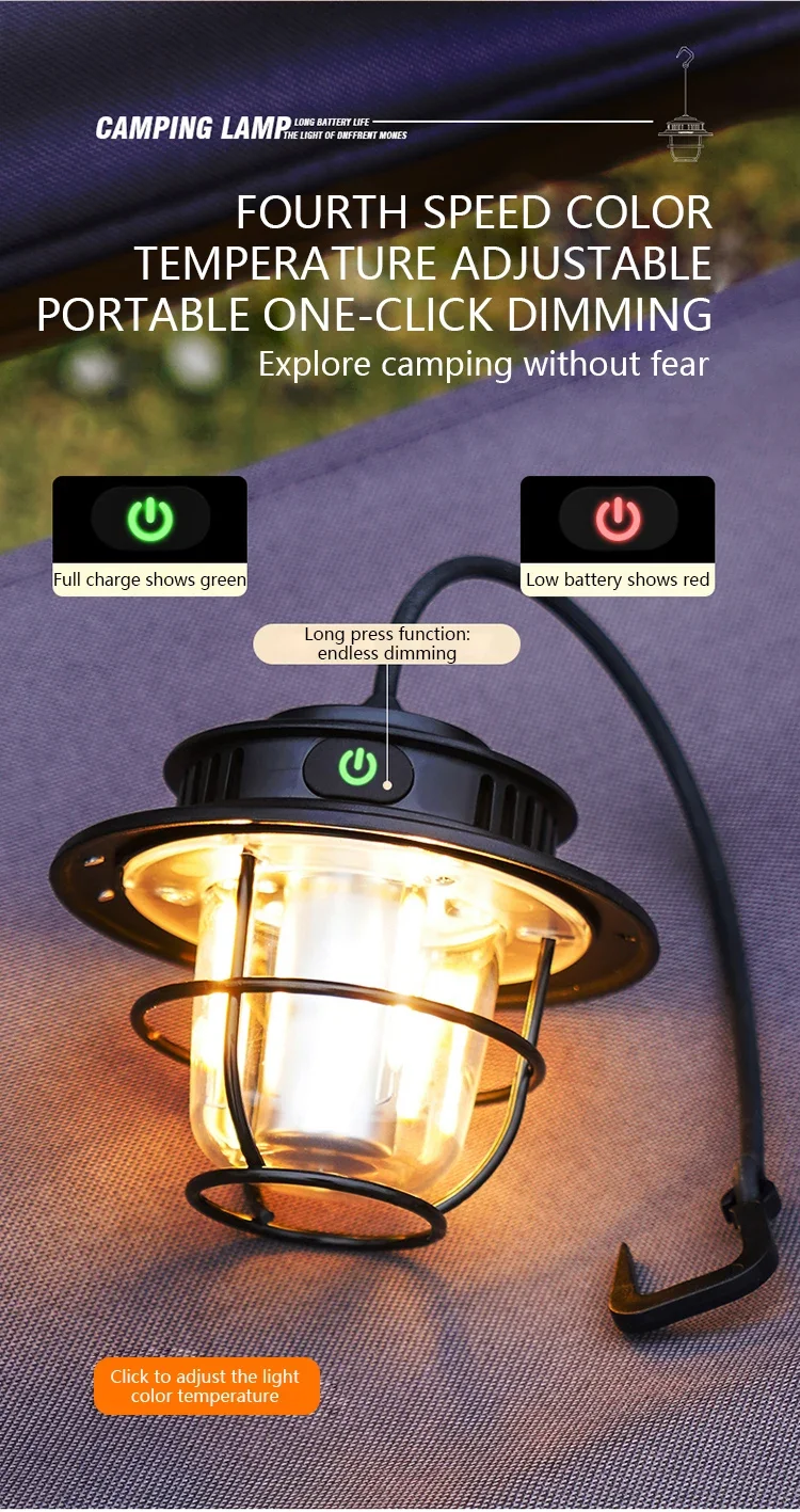 Retro Portable Camping Lantern Waterproof Emergency Light Stepless Dimmable Hanging Tent Lamp for Outdoor Hiking