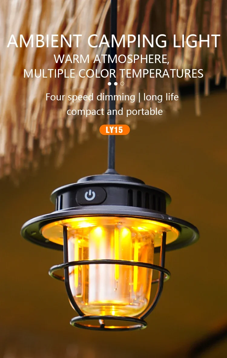 Retro Portable Camping Lantern Waterproof Emergency Light Stepless Dimmable Hanging Tent Lamp for Outdoor Hiking