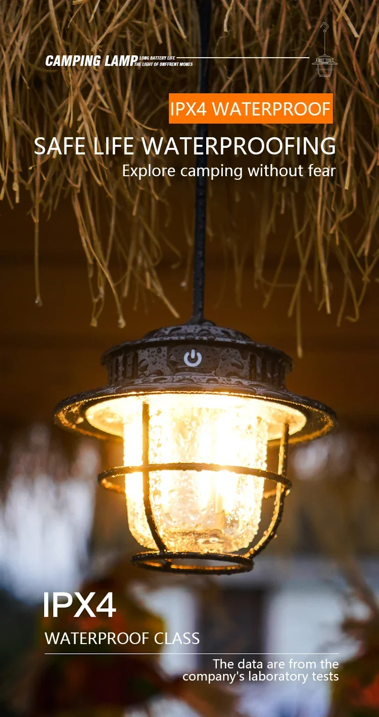 Retro Portable Camping Lantern Waterproof Emergency Light Stepless Dimmable Hanging Tent Lamp for Outdoor Hiking