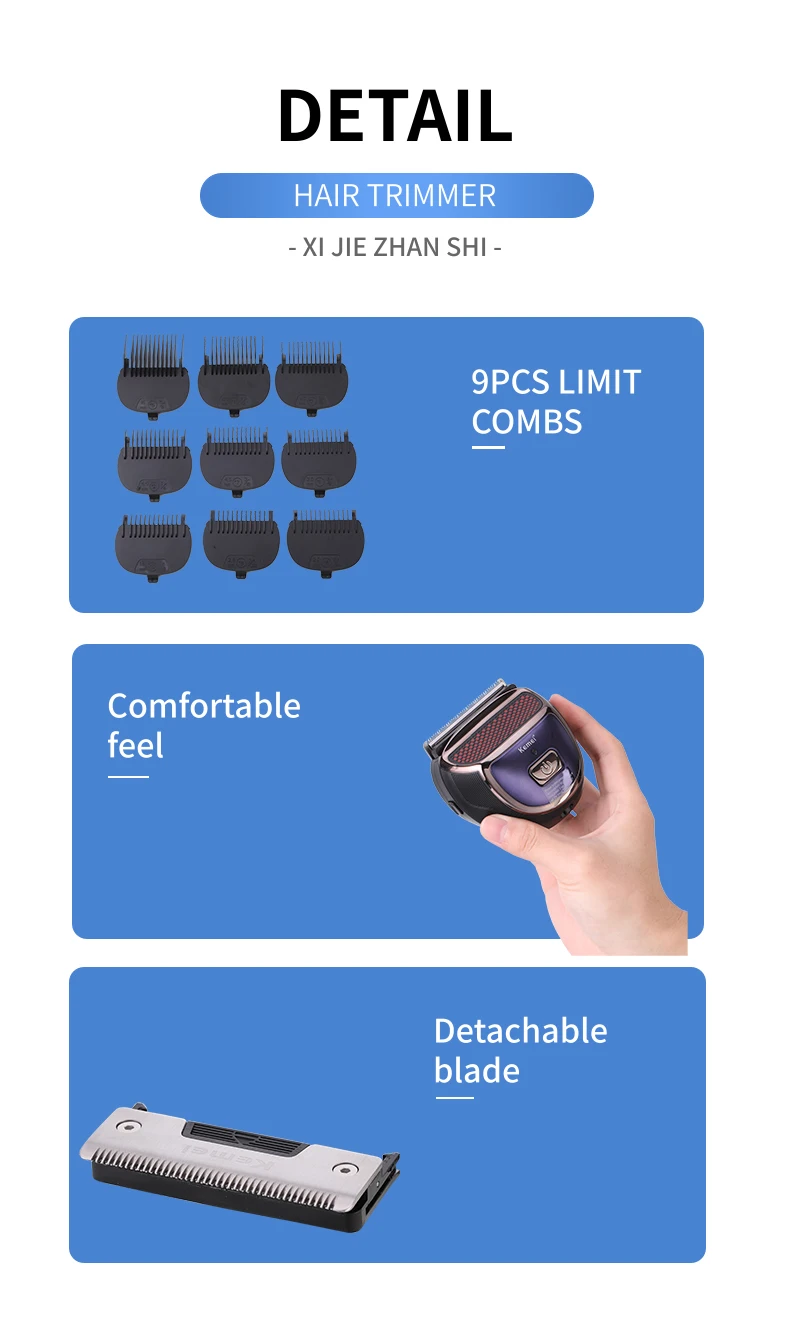 Kemei PRO Self Hair Cutting Machine Kit Portable Electric Hair Clippers Rechargeable Hair Trimmer 9 Length Guards Waterproof
