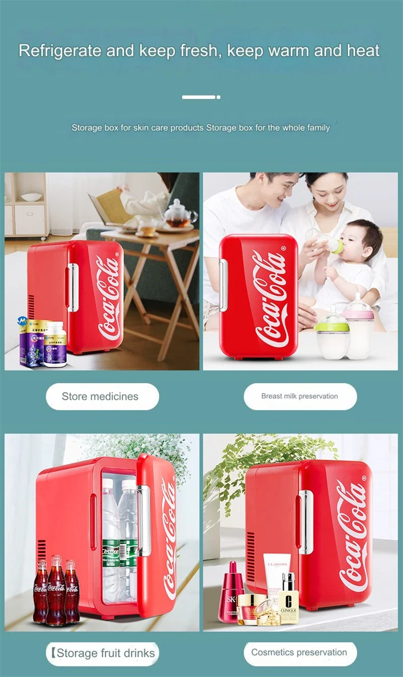 6L Mini Refrigerator Coca-Cola Multifunction Cosmetic Dormitory Warmer Cooler Fridge for Home Car Small Portable Fridge 12V/220V