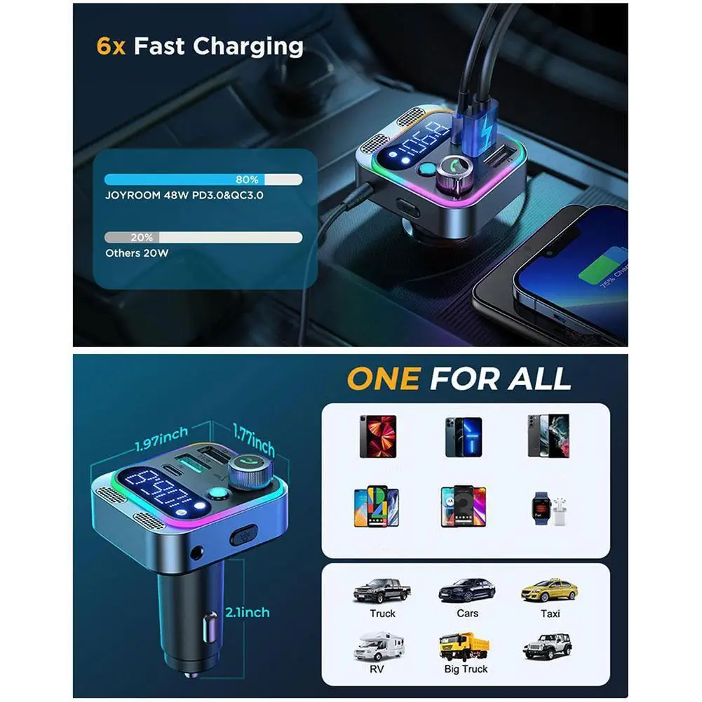 Bluetooth 5.3 FM Transmitter 4 Port USB Car Charger Type C PD 250W Fast Charging Adapter For Huawei OPPO Oneplus 14