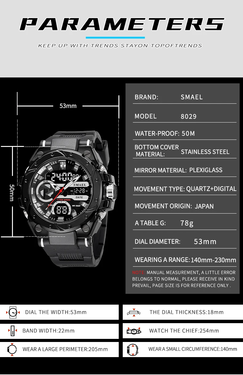 SMAEL Brand Sport Watches 50M Wateproof Dual Time Display Watches LED 8029 Stopwatches Alarm Multifunctional Men's Wristwatches