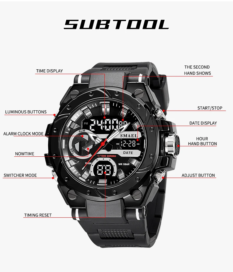 SMAEL Brand Sport Watches 50M Wateproof Dual Time Display Watches LED 8029 Stopwatches Alarm Multifunctional Men's Wristwatches