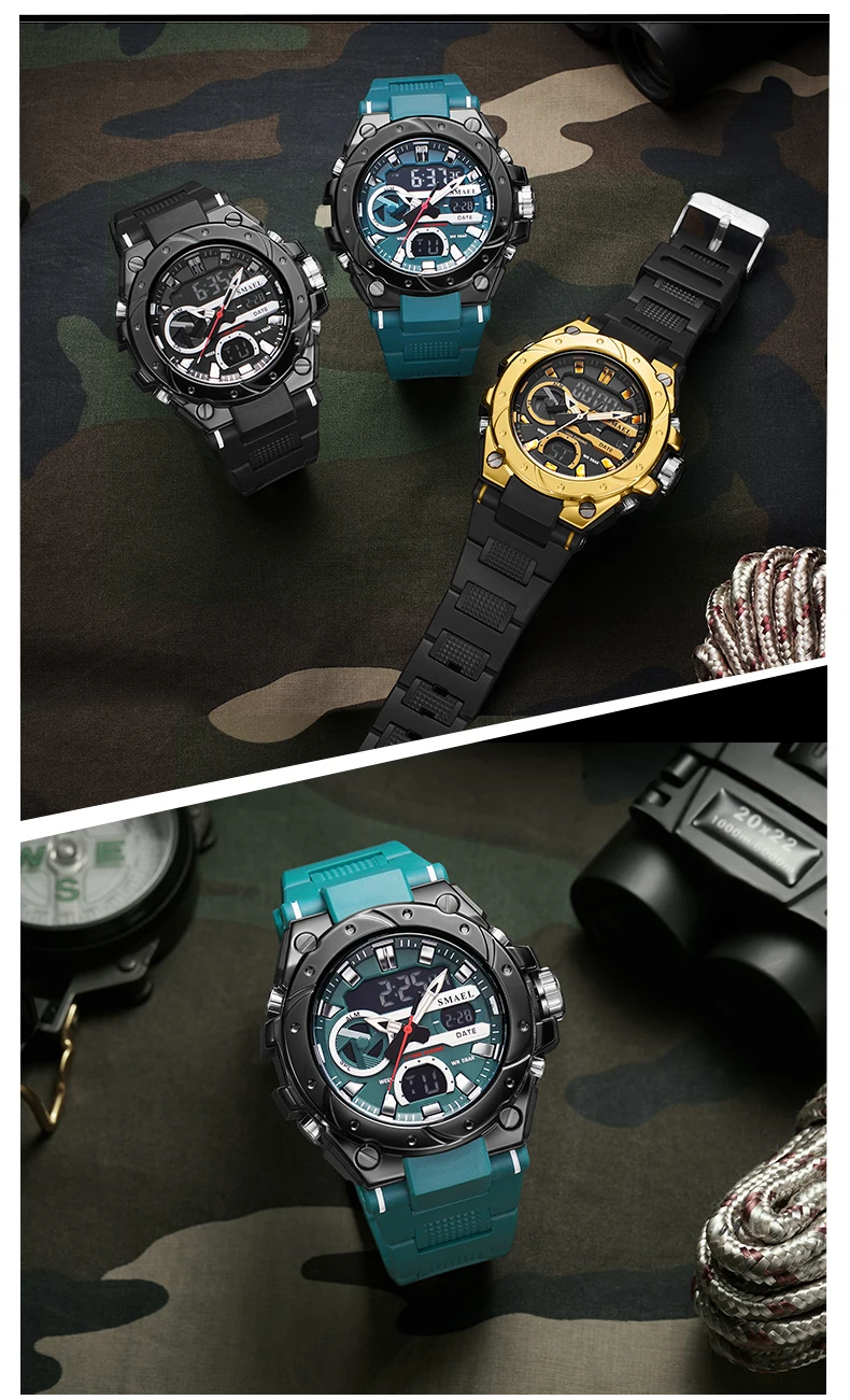 SMAEL Brand Sport Watches 50M Wateproof Dual Time Display Watches LED 8029 Stopwatches Alarm Multifunctional Men's Wristwatches
