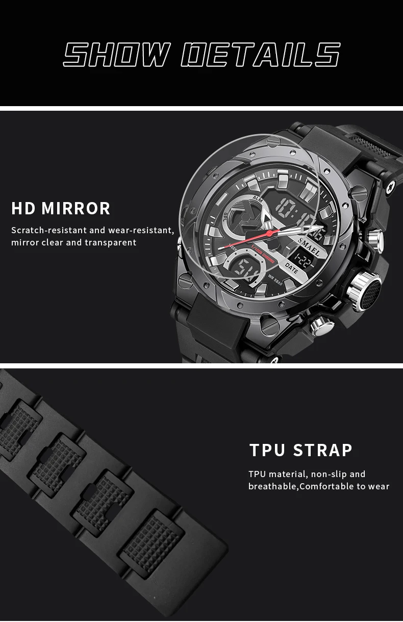 SMAEL Brand Sport Watches 50M Wateproof Dual Time Display Watches LED 8029 Stopwatches Alarm Multifunctional Men's Wristwatches