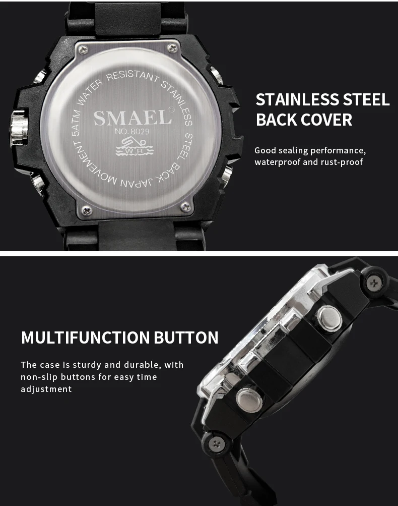 SMAEL Brand Sport Watches 50M Wateproof Dual Time Display Watches LED 8029 Stopwatches Alarm Multifunctional Men's Wristwatches