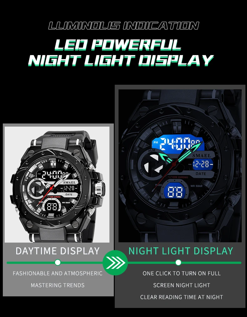 SMAEL Brand Sport Watches 50M Wateproof Dual Time Display Watches LED 8029 Stopwatches Alarm Multifunctional Men's Wristwatches