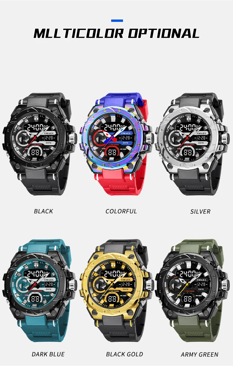 SMAEL Brand Sport Watches 50M Wateproof Dual Time Display Watches LED 8029 Stopwatches Alarm Multifunctional Men's Wristwatches