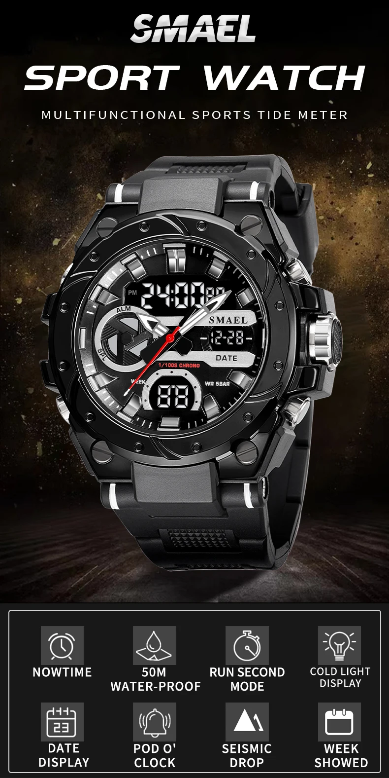 SMAEL Brand Sport Watches 50M Wateproof Dual Time Display Watches LED 8029 Stopwatches Alarm Multifunctional Men's Wristwatches