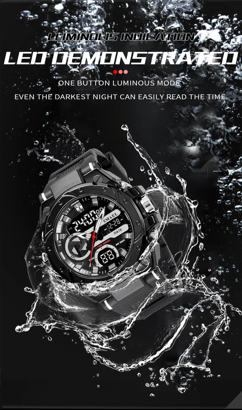 SMAEL Brand Sport Watches 50M Wateproof Dual Time Display Watches LED 8029 Stopwatches Alarm Multifunctional Men's Wristwatches