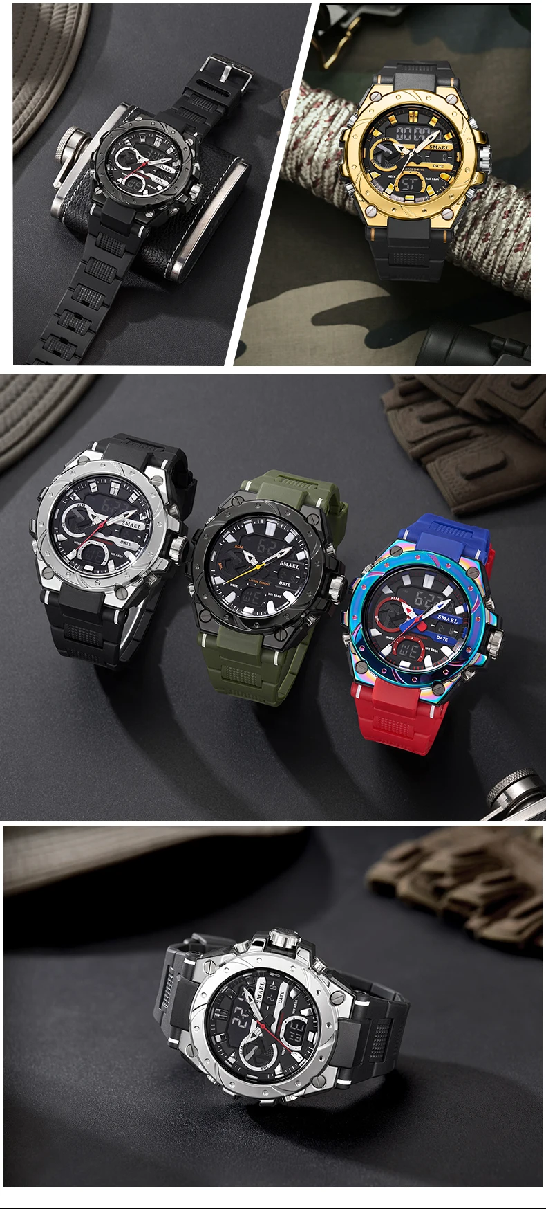 SMAEL Brand Sport Watches 50M Wateproof Dual Time Display Watches LED 8029 Stopwatches Alarm Multifunctional Men's Wristwatches