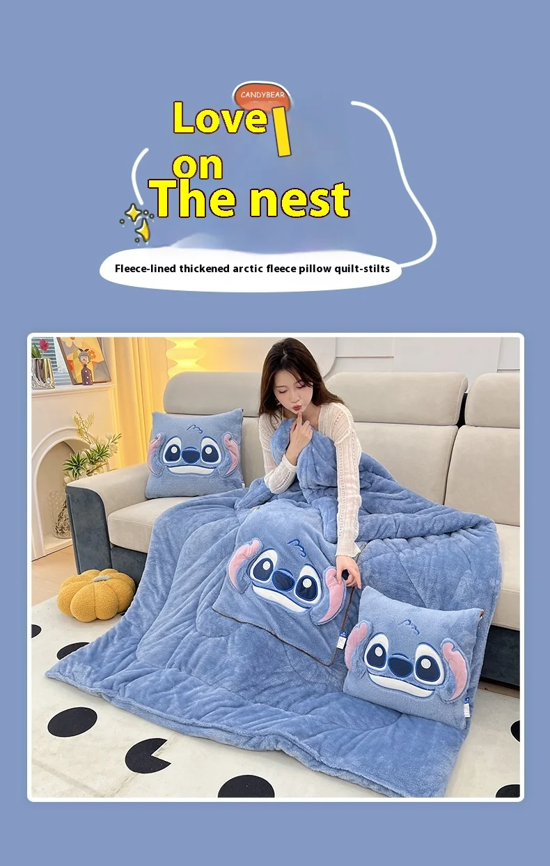 Disney Cartoon Peripherals Stitch Losto piggy Arctic Velvet Pillow Quilt Dual Purpose Double Sided Napping Air Conditioner Gifts