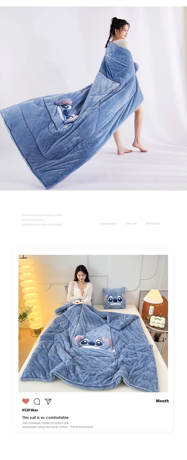 Disney Cartoon Peripherals Stitch Losto piggy Arctic Velvet Pillow Quilt Dual Purpose Double Sided Napping Air Conditioner Gifts