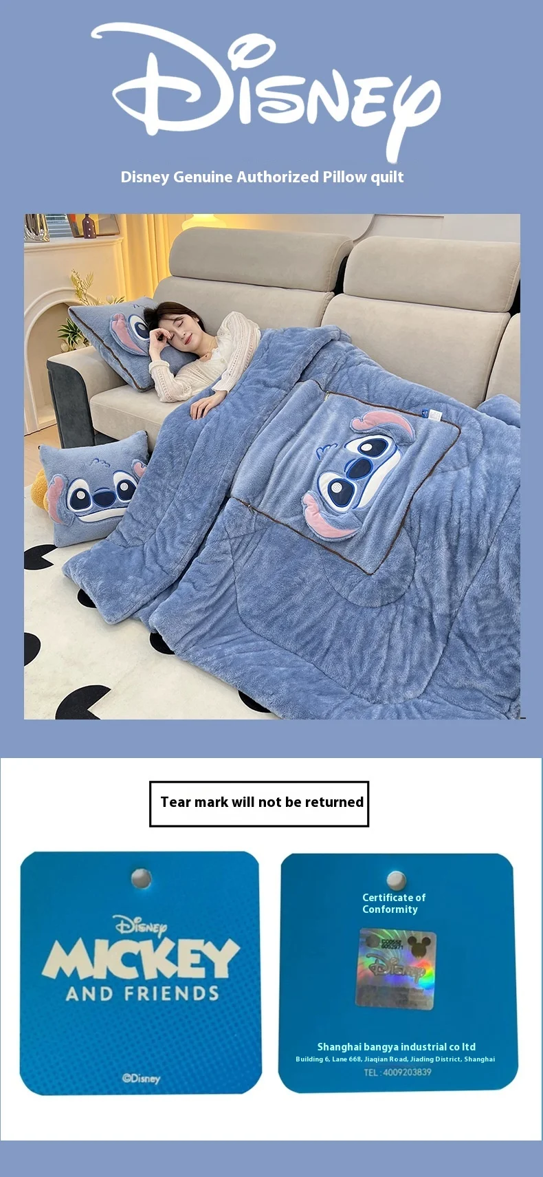 Disney Cartoon Peripherals Stitch Losto piggy Arctic Velvet Pillow Quilt Dual Purpose Double Sided Napping Air Conditioner Gifts