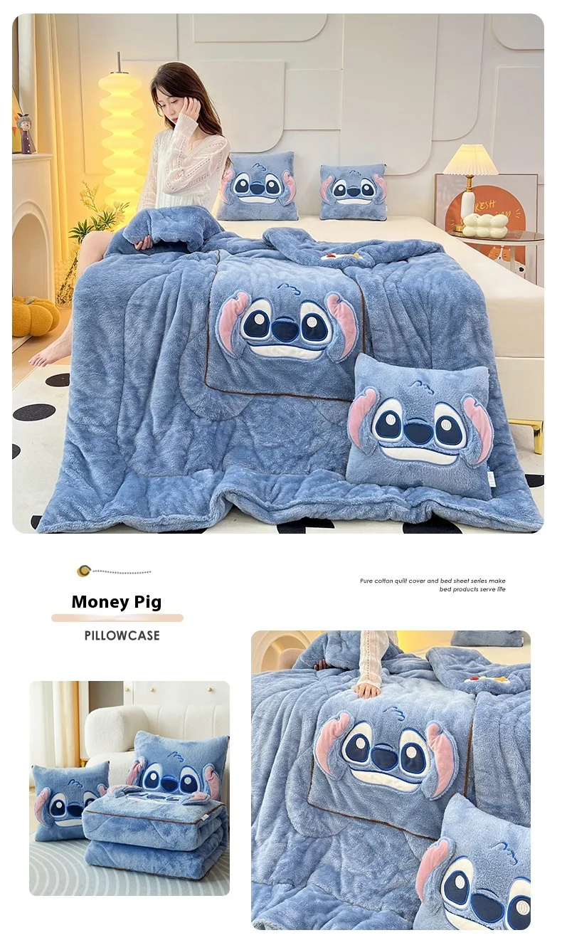 Disney Cartoon Peripherals Stitch Losto piggy Arctic Velvet Pillow Quilt Dual Purpose Double Sided Napping Air Conditioner Gifts