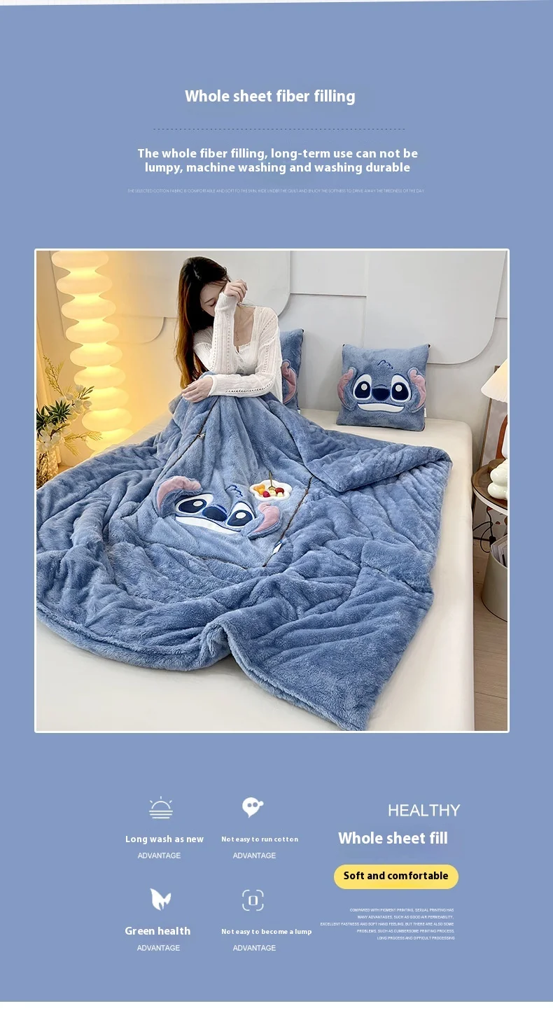 Disney Cartoon Peripherals Stitch Losto piggy Arctic Velvet Pillow Quilt Dual Purpose Double Sided Napping Air Conditioner Gifts