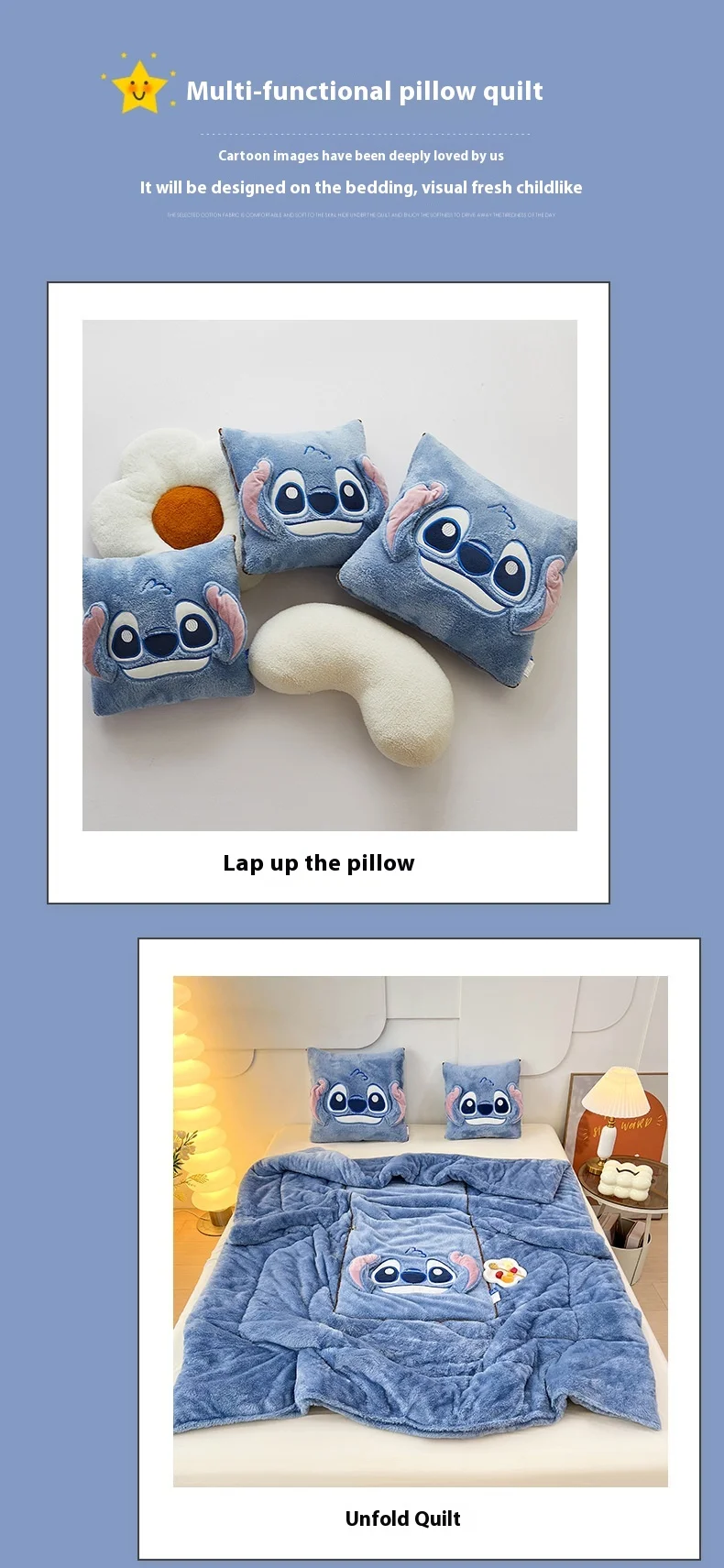 Disney Cartoon Peripherals Stitch Losto piggy Arctic Velvet Pillow Quilt Dual Purpose Double Sided Napping Air Conditioner Gifts