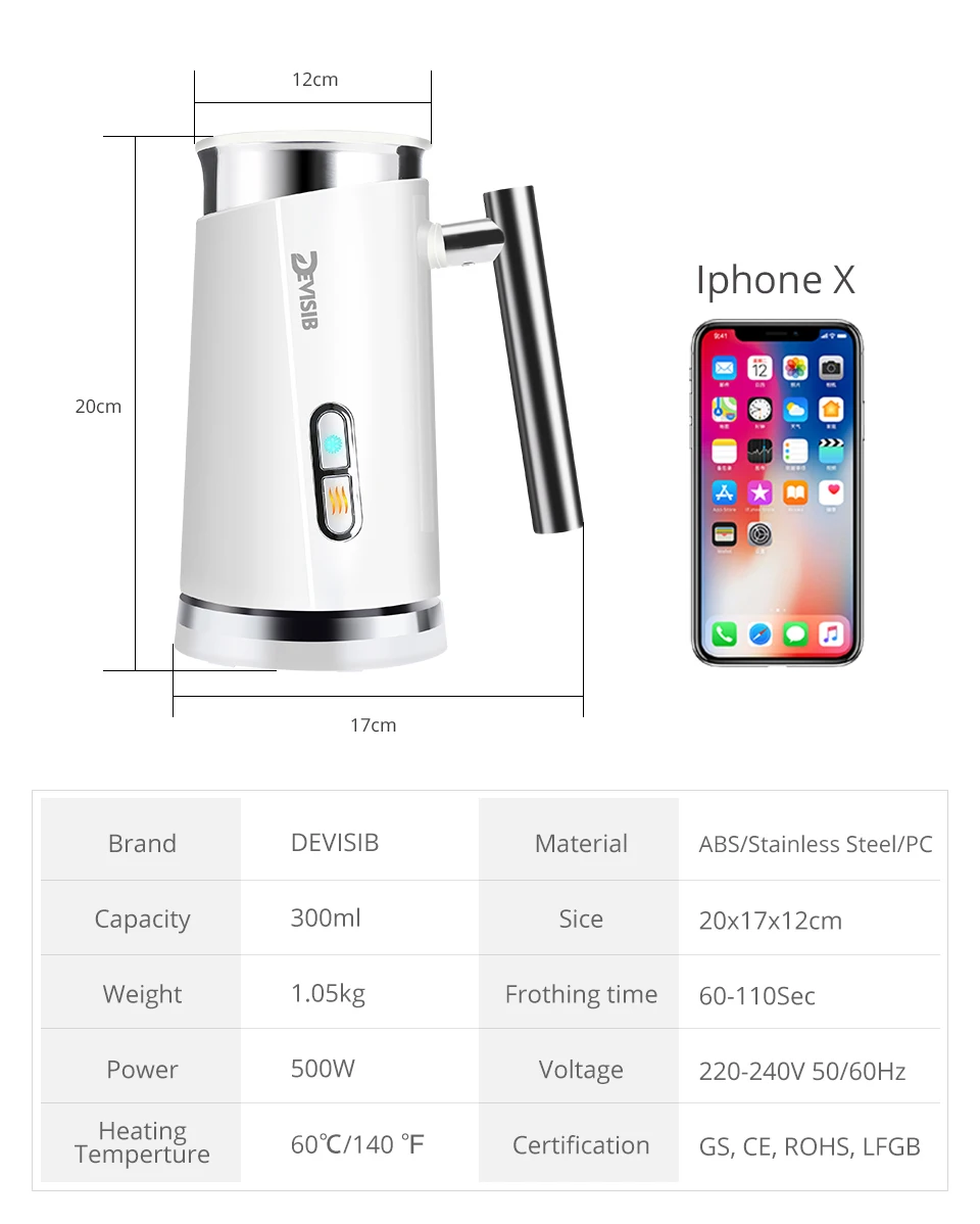 DEVISIB 3 in 1 Electric Milk Frother 300ml Automatic Hot and Cold Foam Maker for Coffee Latte Cappuccino Macchiato Hot Chocolate