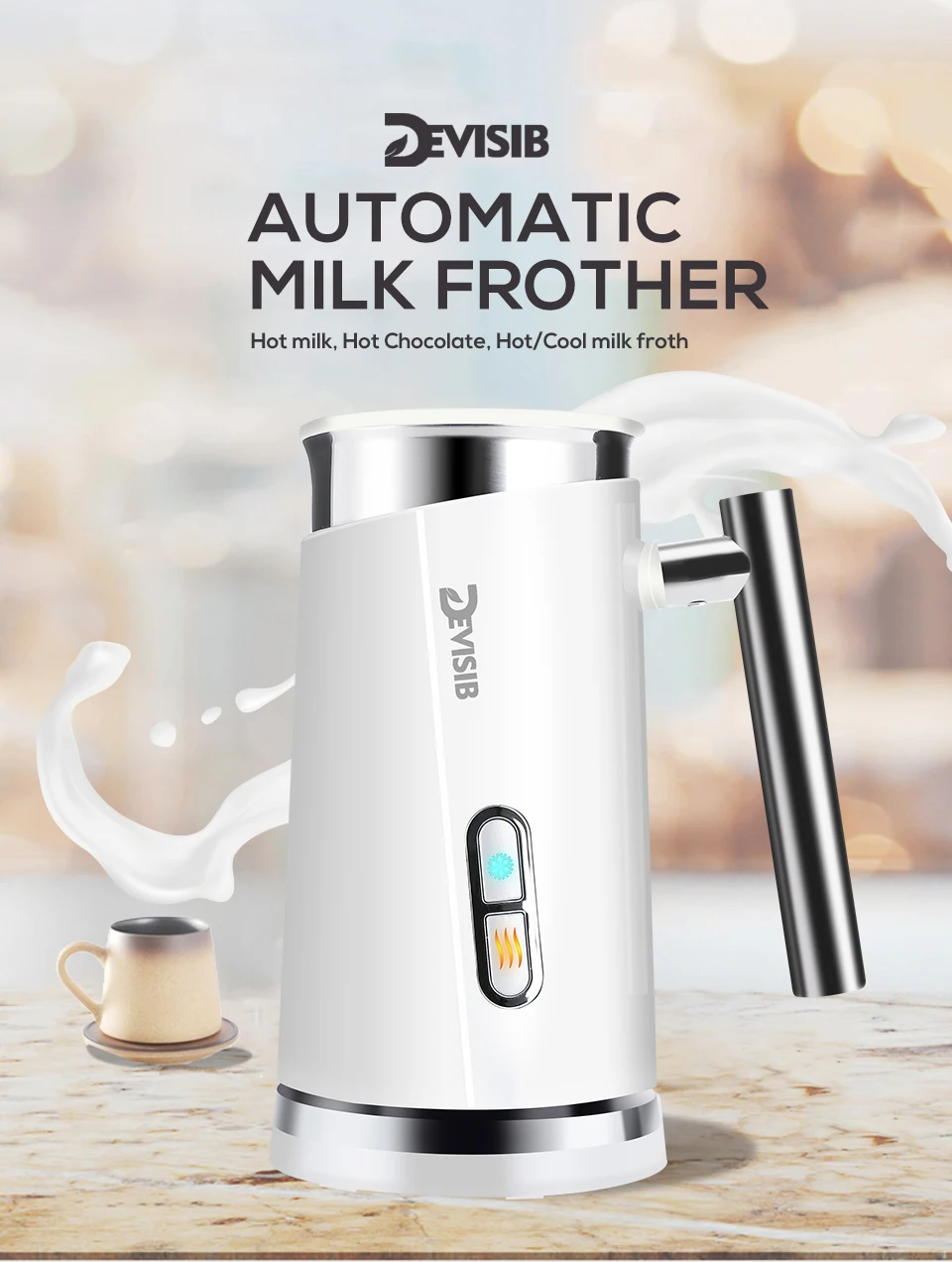 DEVISIB 3 in 1 Electric Milk Frother 300ml Automatic Hot and Cold Foam Maker for Coffee Latte Cappuccino Macchiato Hot Chocolate