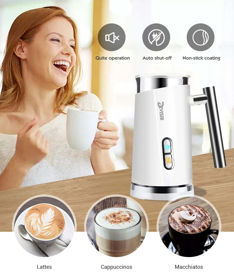 DEVISIB 3 in 1 Electric Milk Frother 300ml Automatic Hot and Cold Foam Maker for Coffee Latte Cappuccino Macchiato Hot Chocolate