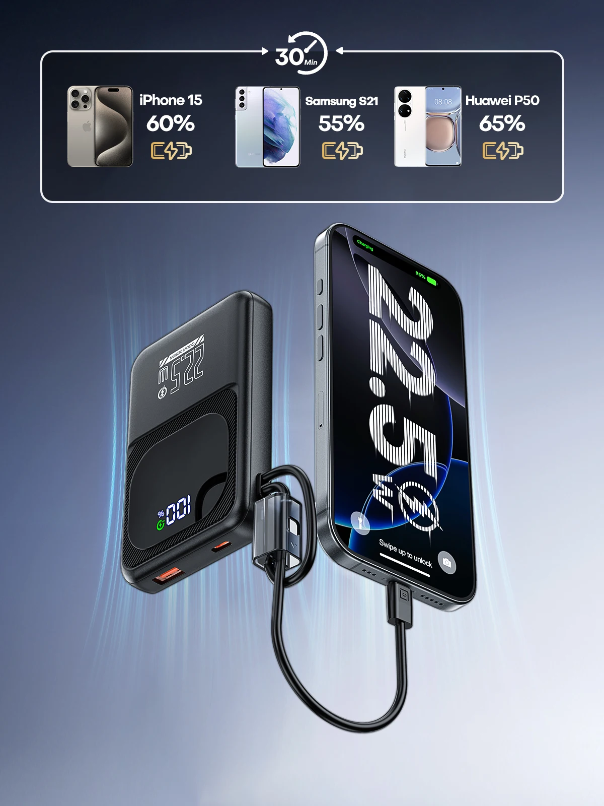 QOOVI Powerbank Ultra-Thin 10000mah Built-in Cable 22.5W Fast Charging Portable External Battery For Samsung S23 Xiaomi iPhone