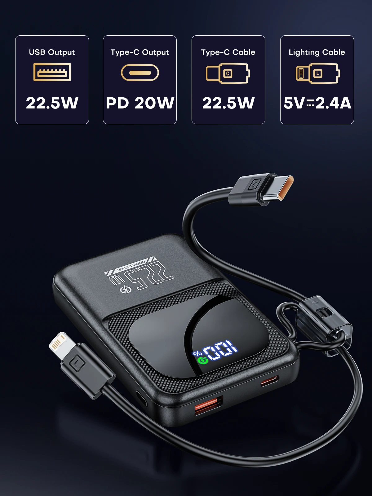 QOOVI Powerbank Ultra-Thin 10000mah Built-in Cable 22.5W Fast Charging Portable External Battery For Samsung S23 Xiaomi iPhone