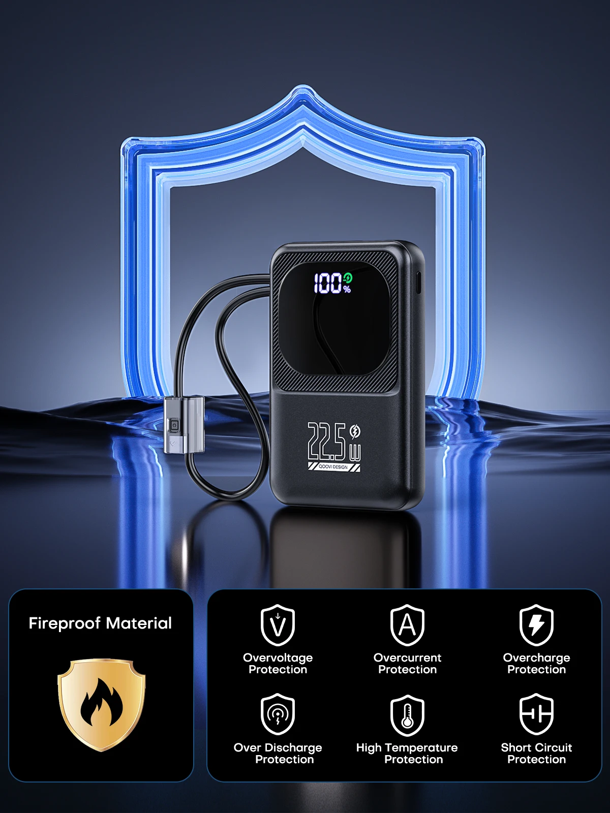 QOOVI Powerbank Ultra-Thin 10000mah Built-in Cable 22.5W Fast Charging Portable External Battery For Samsung S23 Xiaomi iPhone