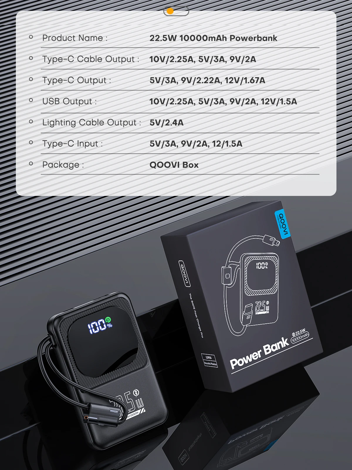 QOOVI Powerbank Ultra-Thin 10000mah Built-in Cable 22.5W Fast Charging Portable External Battery For Samsung S23 Xiaomi iPhone