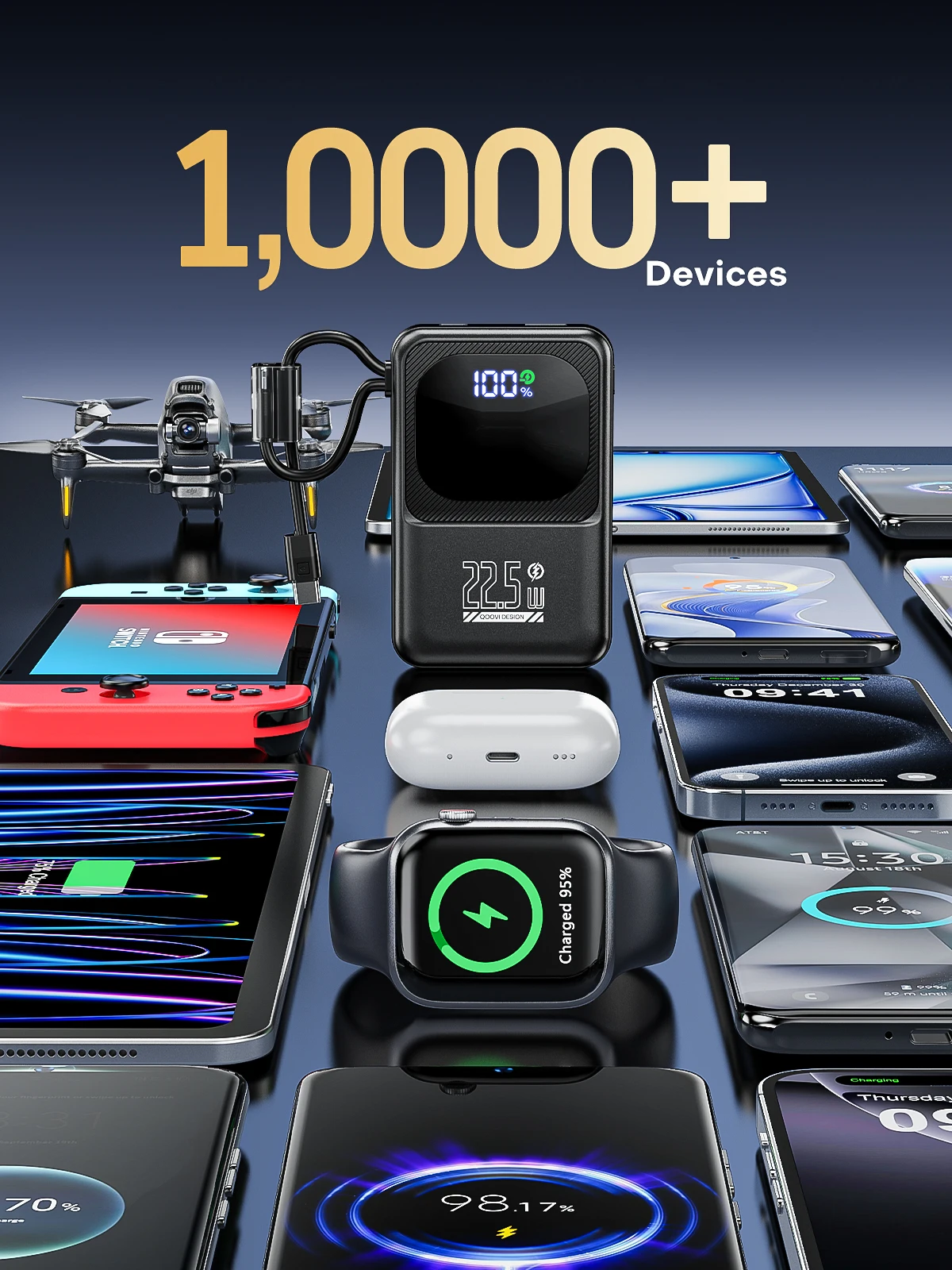 QOOVI Powerbank Ultra-Thin 10000mah Built-in Cable 22.5W Fast Charging Portable External Battery For Samsung S23 Xiaomi iPhone