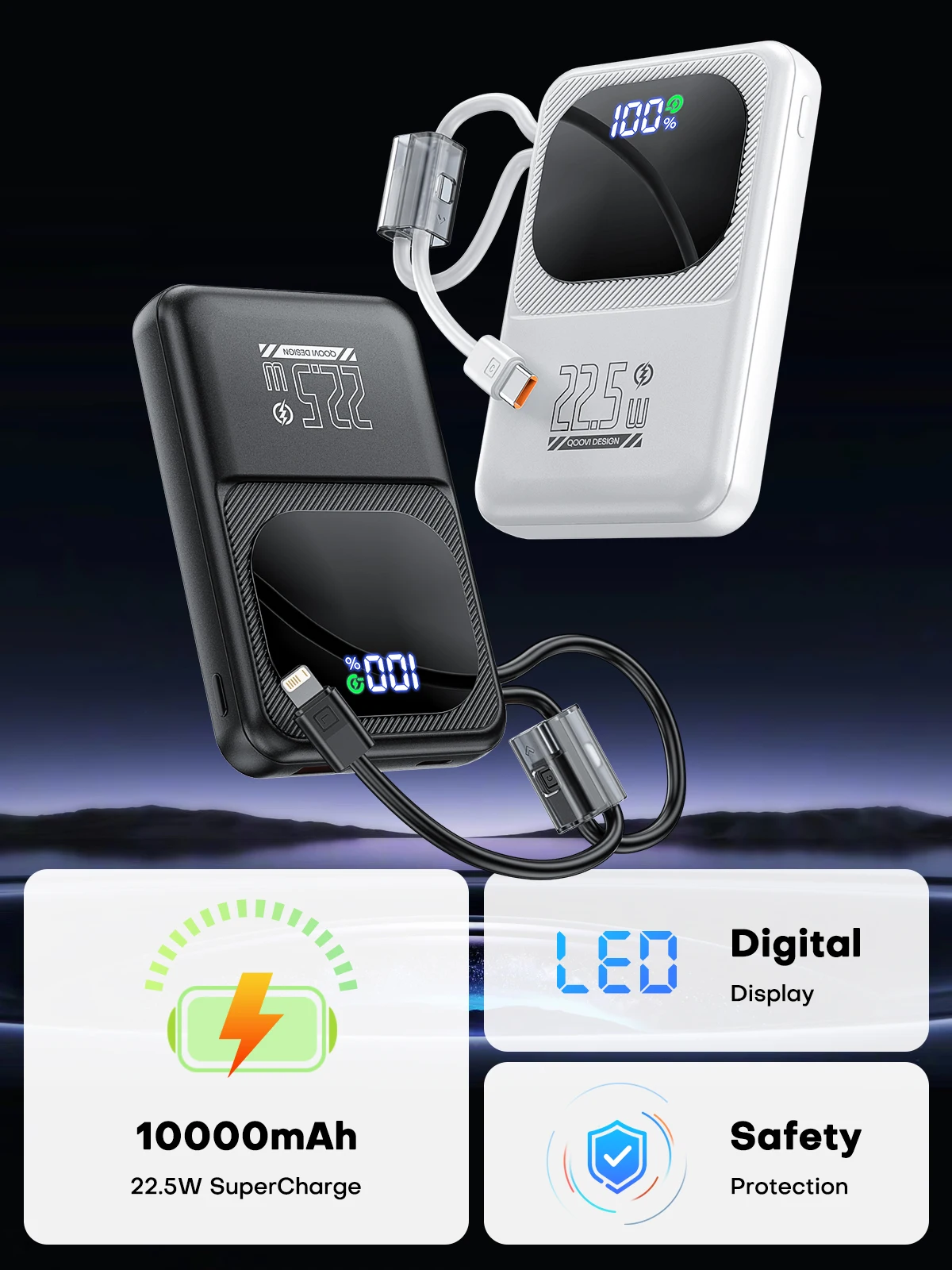 QOOVI Powerbank Ultra-Thin 10000mah Built-in Cable 22.5W Fast Charging Portable External Battery For Samsung S23 Xiaomi iPhone