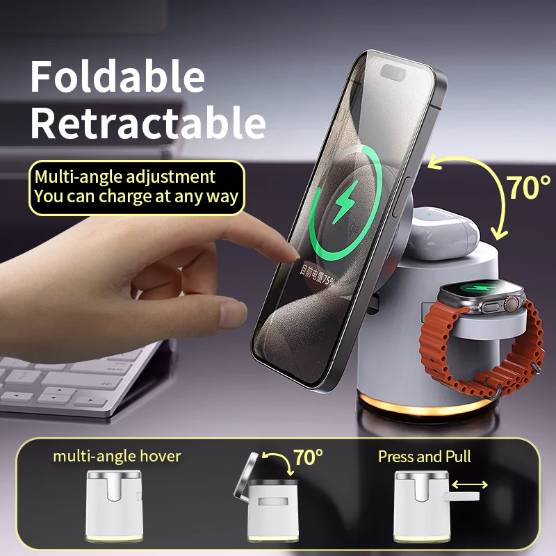 Qi2 Wireless Charger 3-in-1 Fast Charging Station Stand Folding Holder for iPhone 16 15 14 Pro Max Airpods Apple Watch